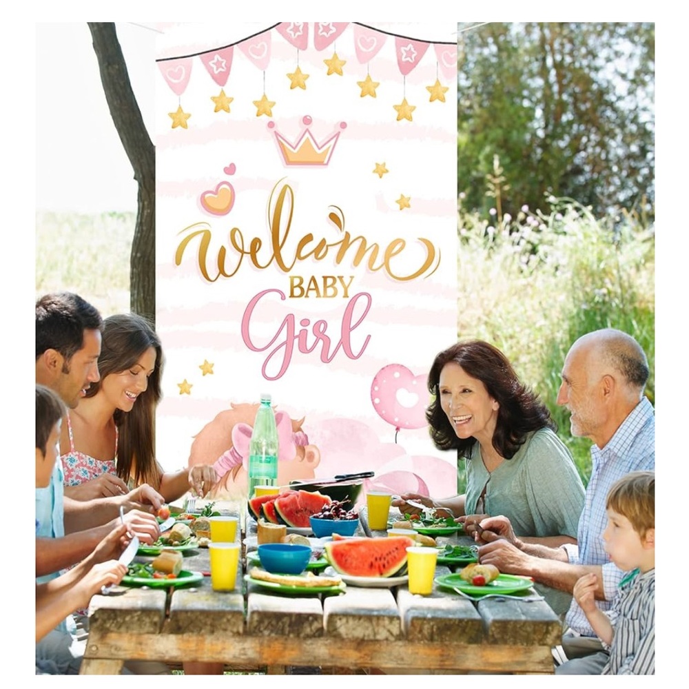 Baby shower backdrop “Welcome Baby Girl” Door cover 38”x74” Decor Gender Reveal